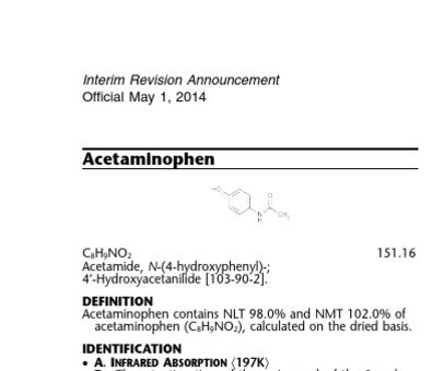 A USP Interim Revision Announcement page for acetaminophen marked Change to read